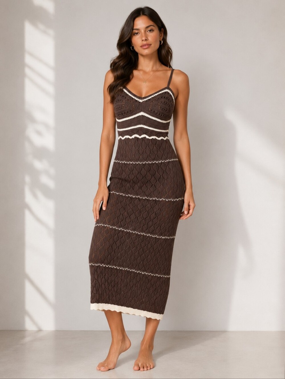 Freshman Brown Knit Dress with White Scallop Detail